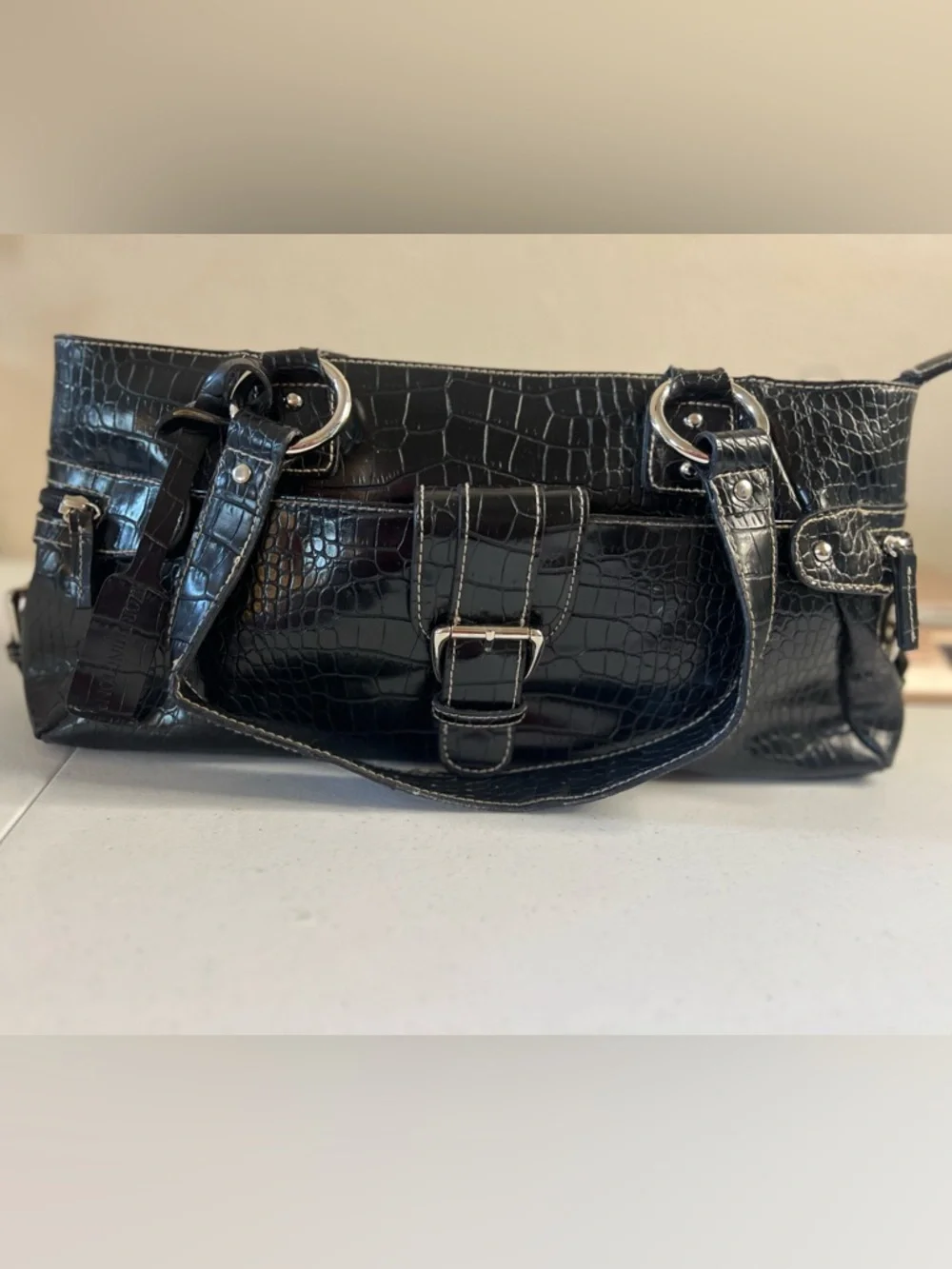 Vintage Worthington black crocodile-embossed Rectangle purse tote bag Y2K - Picture 2 of 12